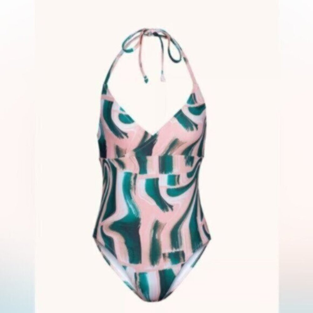 NWT Lively Green & Pink Paint Brush Halter Bathing Suit Swimsuit Size Small